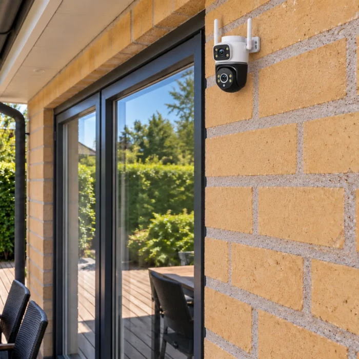 DanGear 8MP WiFi overvågningskamera med dobbelt 4MP linse ved terrassedøre på en gul murstensfacade med have i baggrunden.
