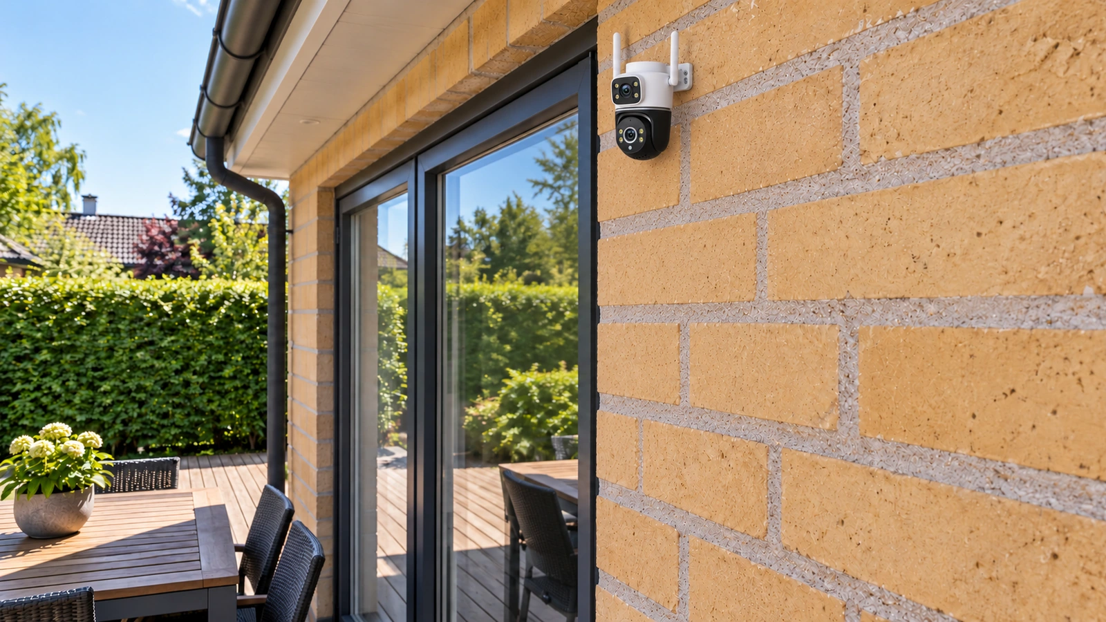 8MP WiFi overvågningskamera med dobbelt 4MP linse ved terrassedøre på en gul murstensfacade med have i baggrunden