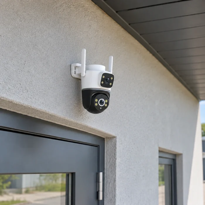 DanGear 8MP WiFi overvågningskamera med dobbelt 4MP linse over en grå dør ved en mindre erhvervsbygning.