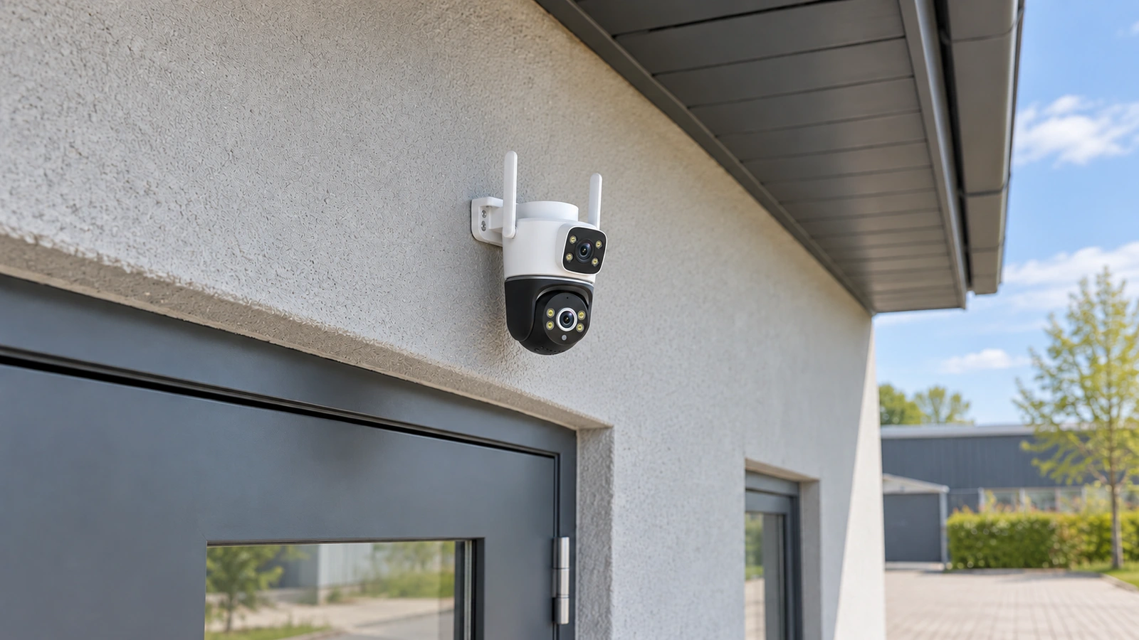 DanGear 8MP WiFi overvågningskamera med dobbelt 4MP linse over en grå dør ved en mindre erhvervsbygning.