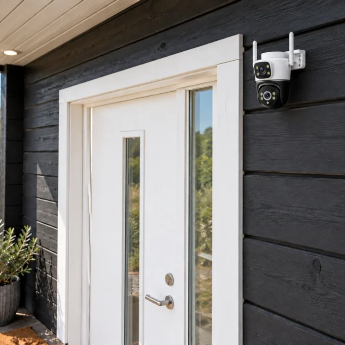 DanGear 8MP WiFi overvågningskamera med dobbelt 4MP linse ved en hvid indgangsdør i et sort træsommerhus.