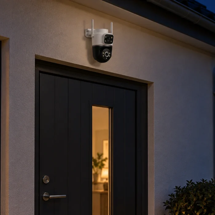 DanGear 8MP WiFi overvågningskamera med dobbelt 4MP linse over en husindgang i blåt aftenlys med varme vinduer.