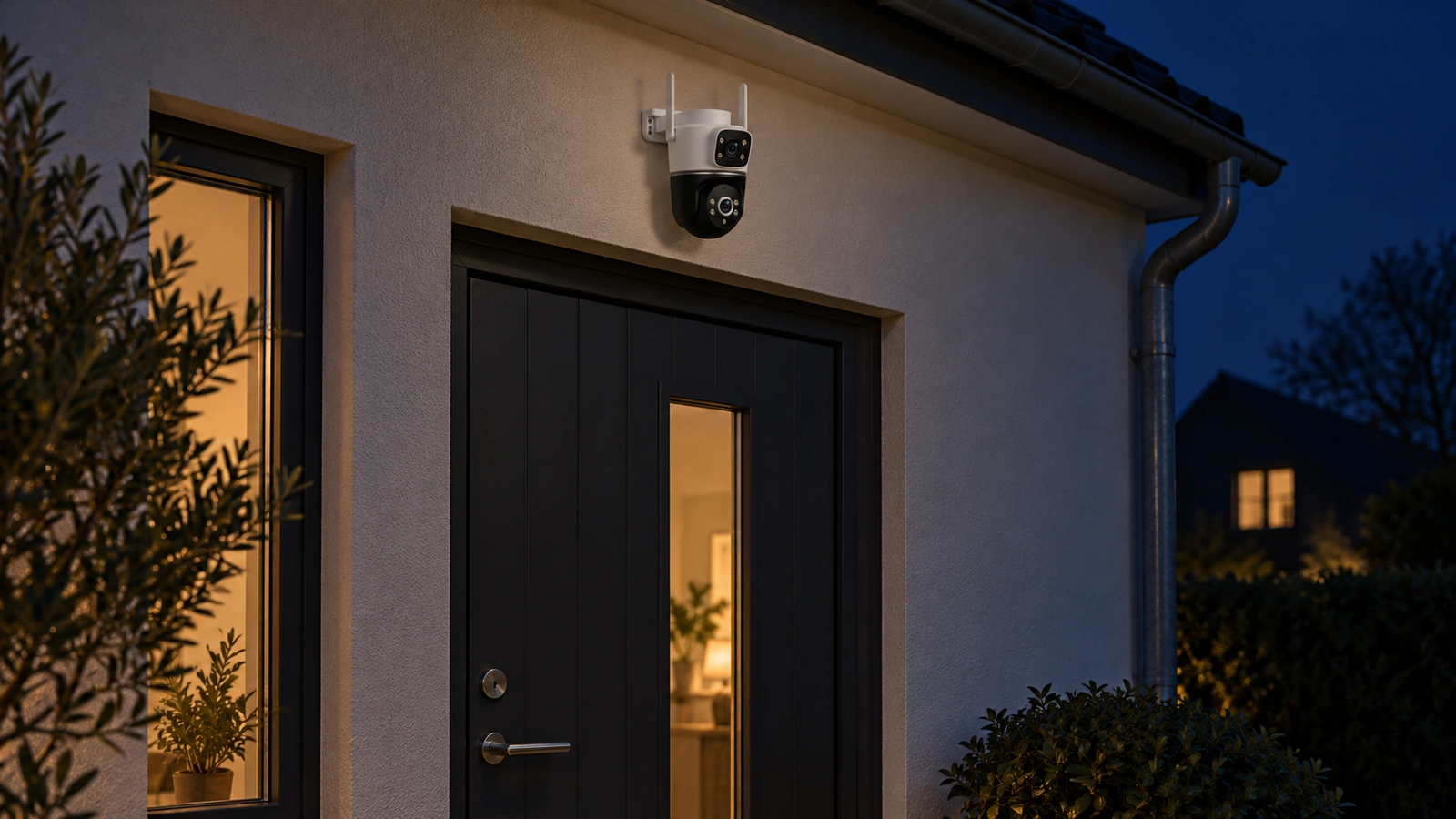 DanGear 8MP WiFi overvågningskamera med dobbelt 4MP linse over en husindgang i blåt aftenlys med varme vinduer.