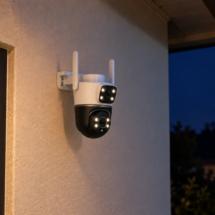 DanGear 8MP WiFi overvågningskamera med dobbelt 4MP linse på en pudset facade om natten med de hvide LED-lys tændt.