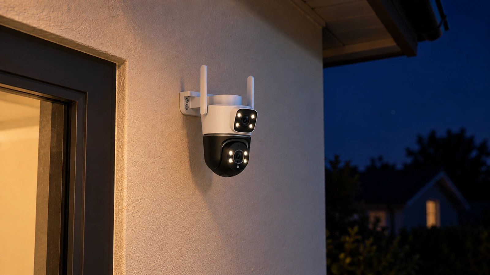 DanGear 8MP WiFi overvågningskamera med dobbelt 4MP linse på en pudset facade om natten med de hvide LED-lys tændt.