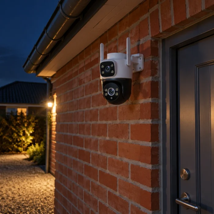 DanGear 8MP WiFi overvågningskamera med dobbelt 4MP linse ved en rød murstensbygning og en tom indkørsel om natten.