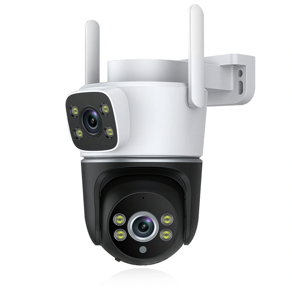 DanGear 8MP WiFi overvågningskamera med dobbelt 4MP linse med hvid overdel, sort kamerahoved, to antenner og vægbeslag på hvid baggrund.