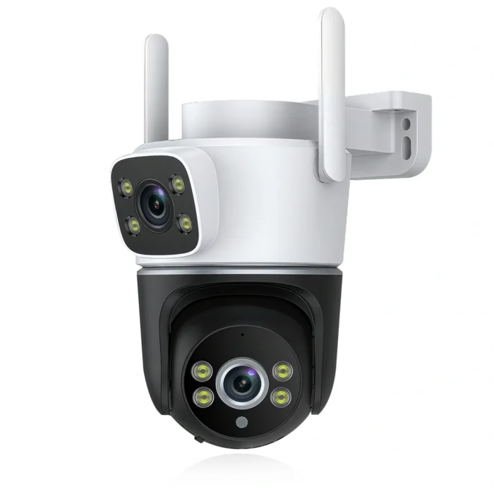 DanGear 8MP WiFi overvågningskamera med dobbelt 4MP linse set skråt forfra på hvid baggrund.