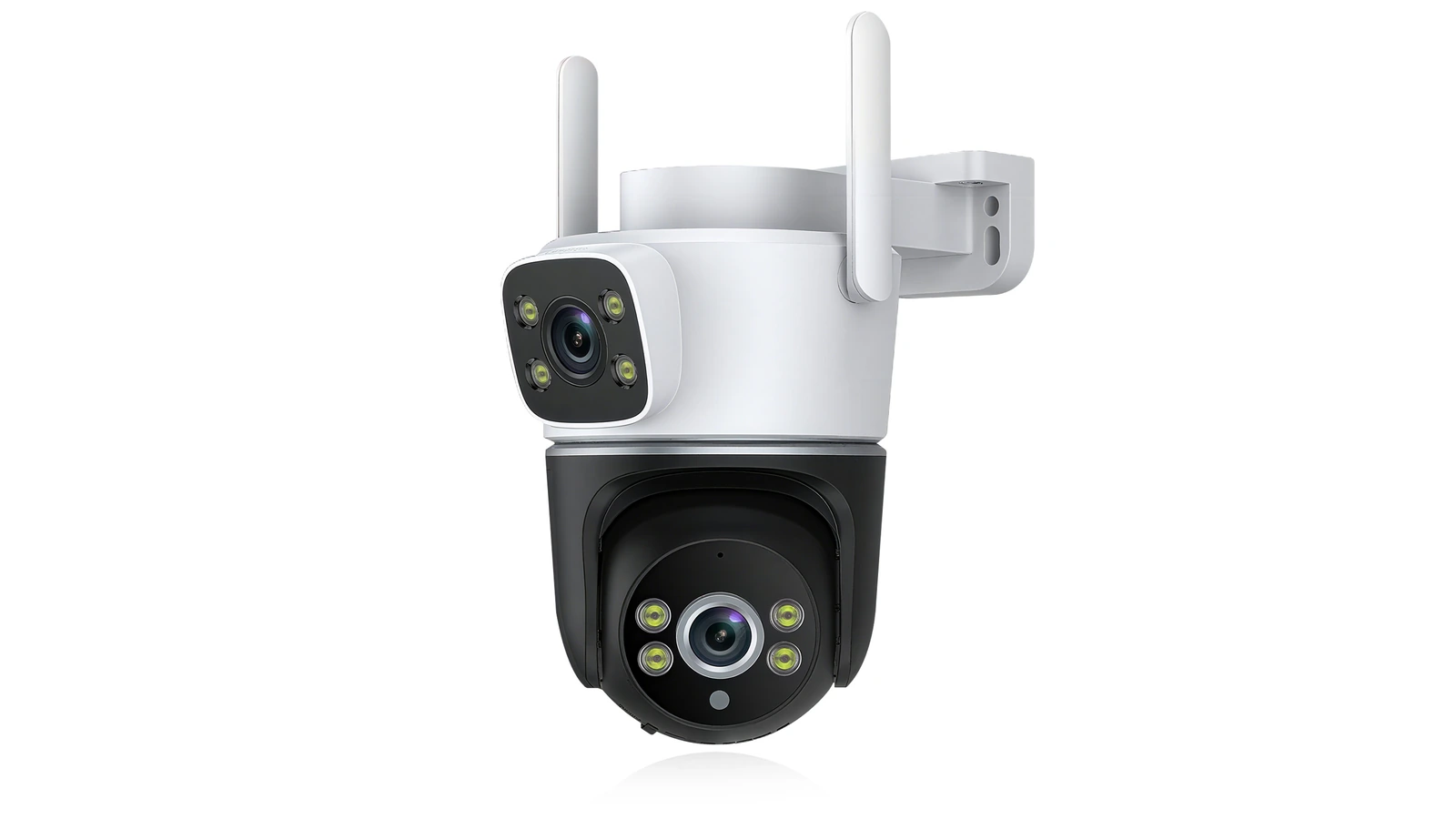 DanGear 8MP WiFi overvågningskamera med dobbelt 4MP linse – produktfoto i 16:9 DanGear 8MP WiFi overvågningskamera med dobbelt 4MP linse, to antenner og vægbeslag i en liggende komposition.