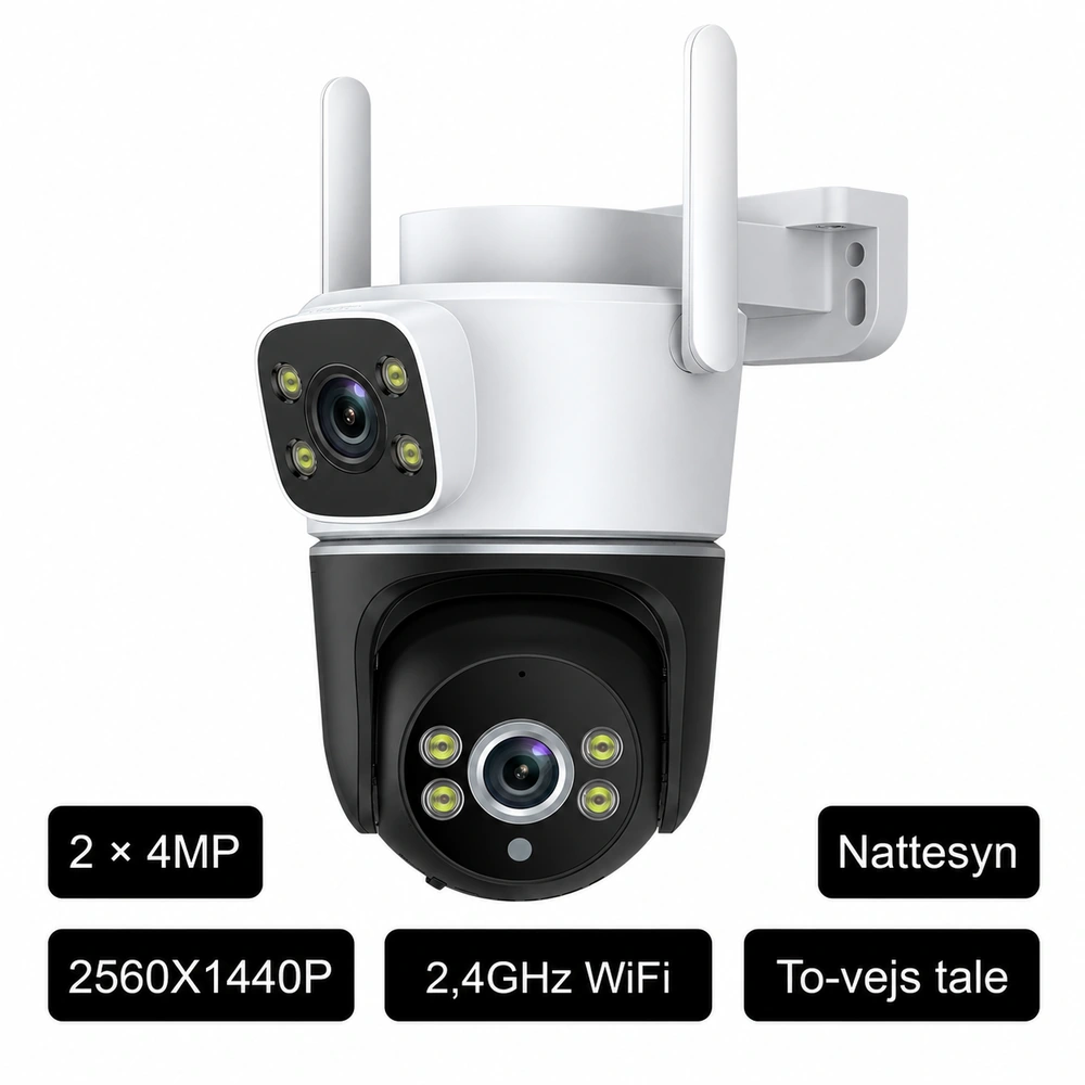 DanGear 8MP WiFi overvågningskamera med dobbelt 4MP linse med specifikationsfelter: 2 × 4MP, nattesyn, 2560 × 1440 pixels pr. linse, 2,4 GHz WiFi og tovejs tale.