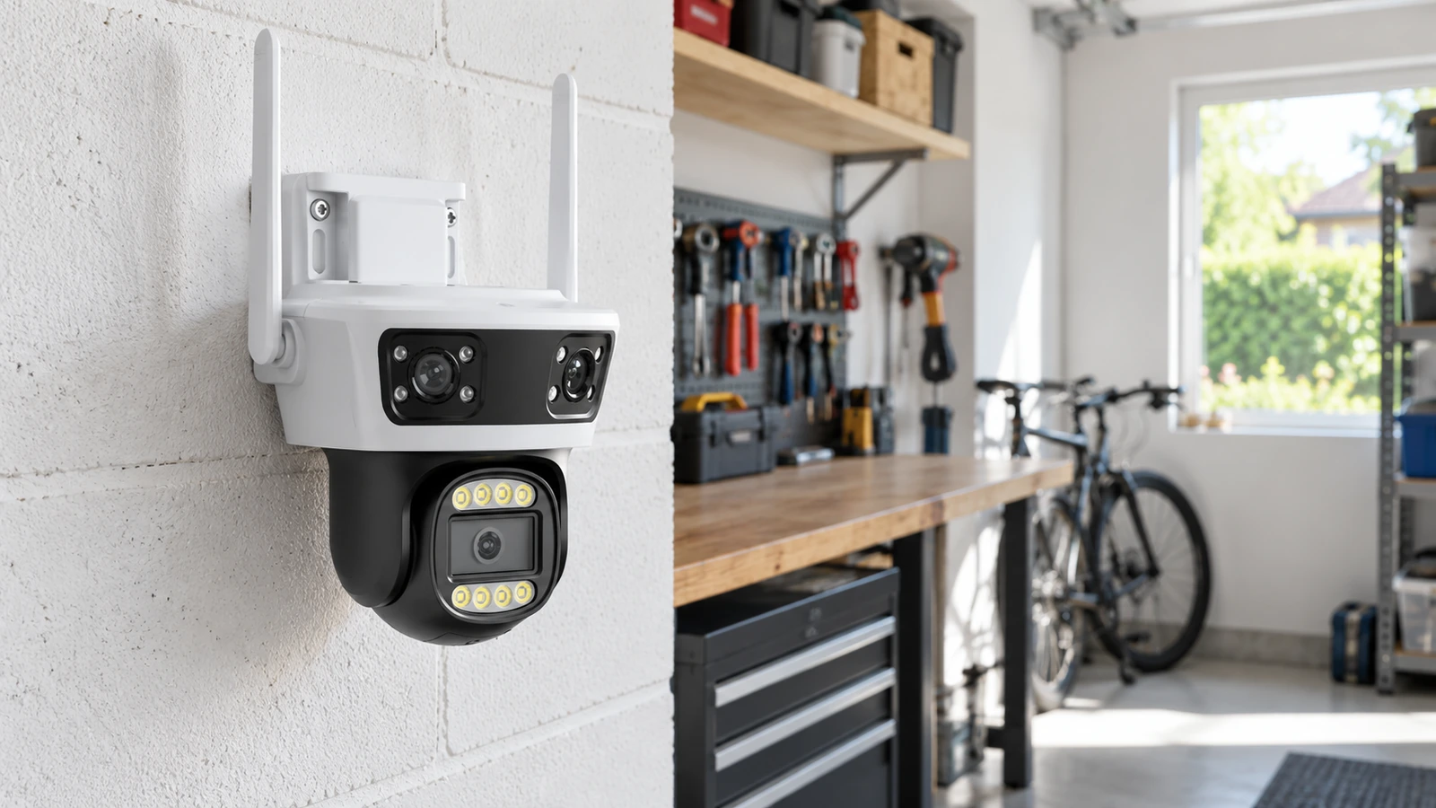 DanGear 9MP WiFi overvågningskamera med 180° panorama set fra venstre i en lys garage med værksted og cykel DanGear 9MP WiFi overvågningskamera med 180° panorama set fra venstre i en lys garage med værksted og cykel