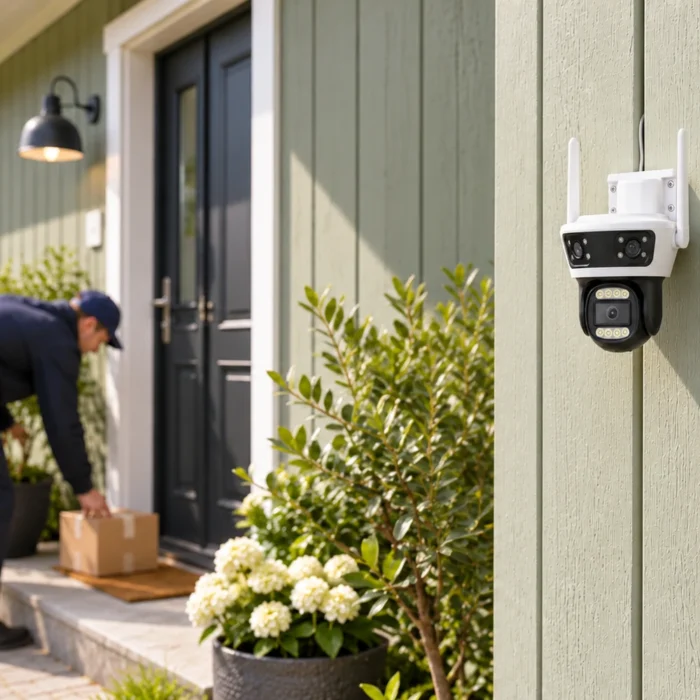 DanGear 9MP WiFi overvågningskamera med 180° panorama ved en hovedindgang, hvor et bud stiller en pakke