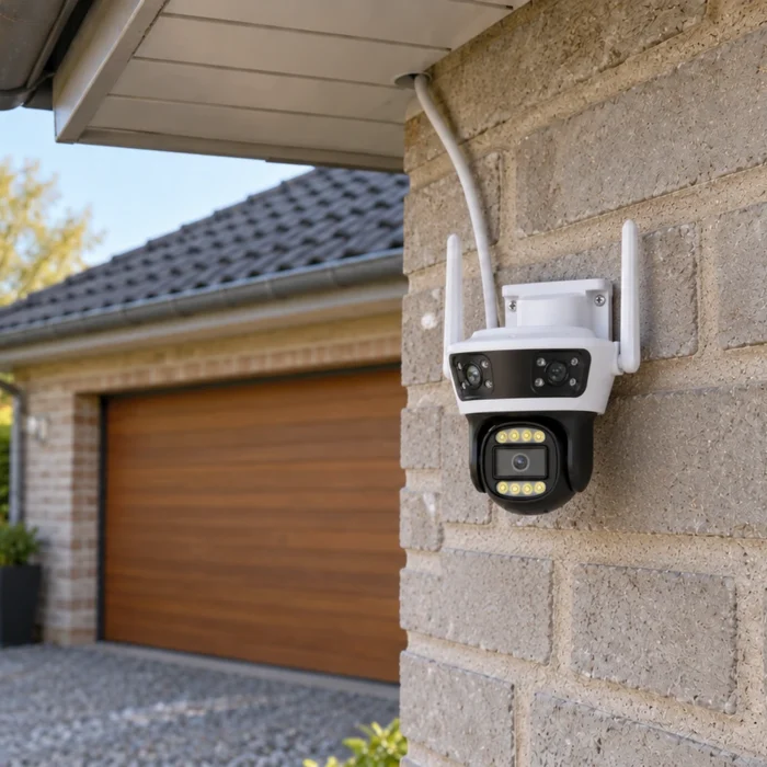 DanGear 9MP WiFi overvågningskamera med 180° panorama monteret på en mur ved en dansk indkørsel og garage