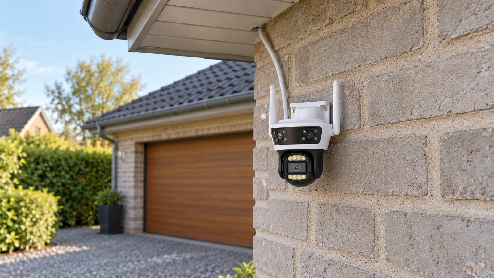 DanGear 9MP WiFi overvågningskamera med 180° panorama monteret på en mur ved en dansk indkørsel og garage DanGear 9MP WiFi overvågningskamera med 180° panorama monteret på en mur ved en dansk indkørsel og garage