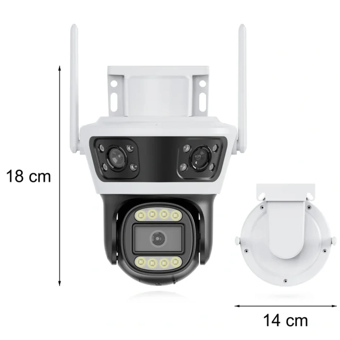 DanGear 9MP WiFi overvågningskamera med 180° panorama med 18 cm højde fra beslagets top til kameraets bund, eksklusive antenner, og 14 cm bredde vist på bagsiden
