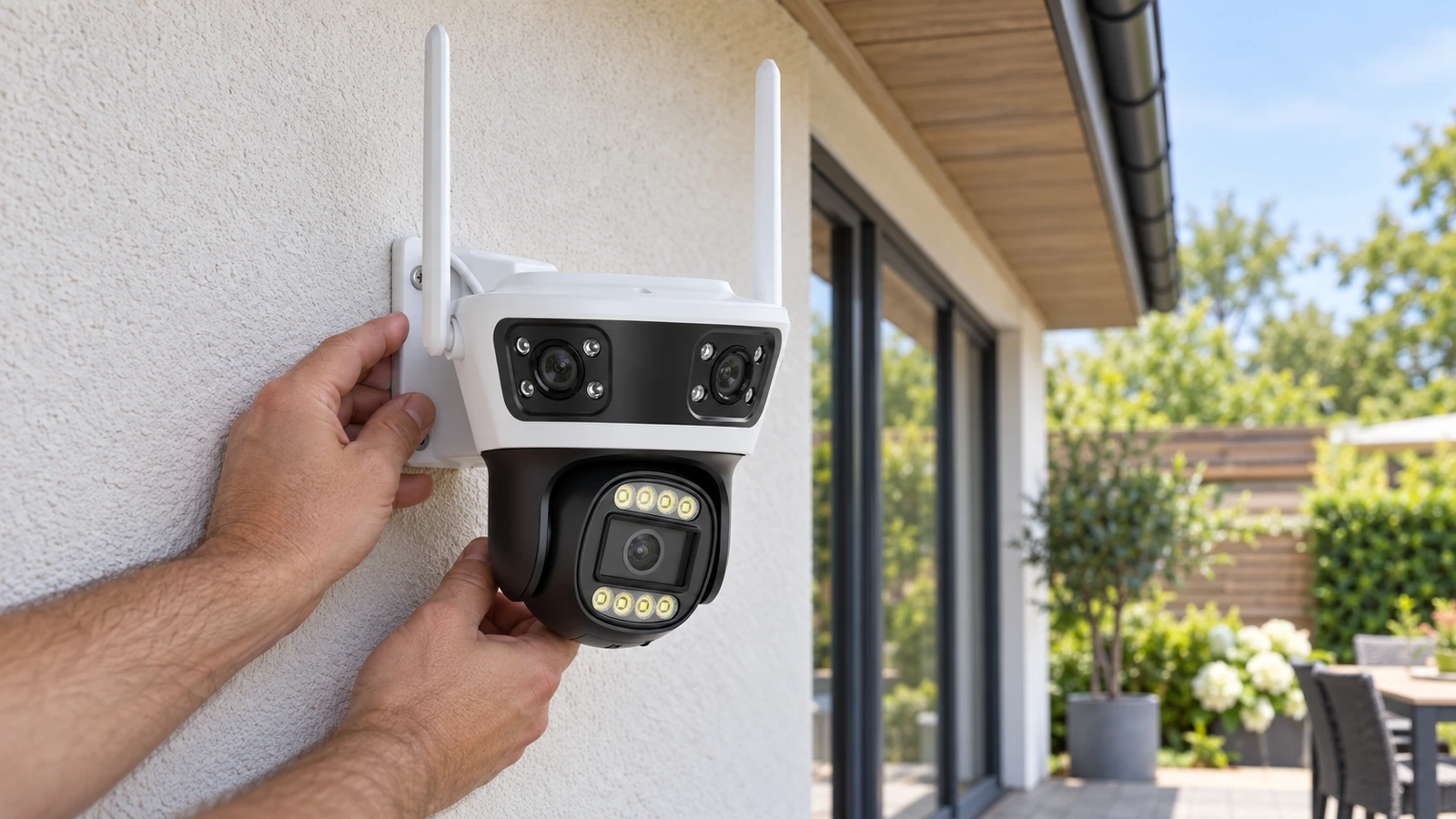 Hænder ved montering af DanGear 9MP WiFi overvågningskamera med 180° panorama på en lys facade, hvor det nederste kamerahoved er drejet Hænder ved montering af DanGear 9MP WiFi overvågningskamera med 180° panorama på en lys facade, hvor det nederste kamerahoved er drejet
