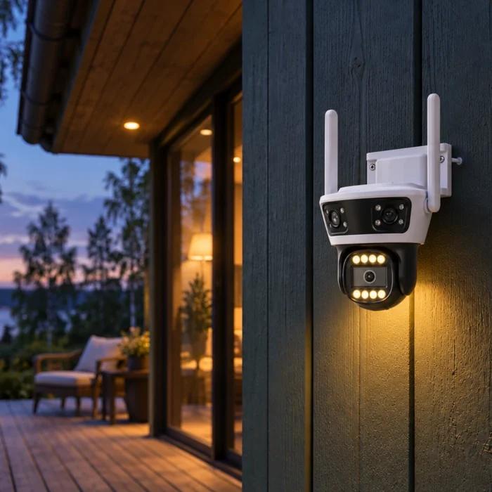 DanGear 9MP WiFi overvågningskamera med 180° panorama på en sommerhusfacade ved terrassen i skumringen med kameraets hvide LED-lys tændt