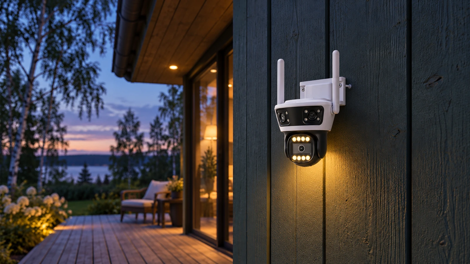 DanGear 9MP WiFi overvågningskamera med 180° panorama på en sommerhusfacade ved terrassen i skumringen med kameraets hvide LED-lys tændt DanGear 9MP WiFi overvågningskamera med 180° panorama på en sommerhusfacade ved terrassen i skumringen med kameraets hvide LED-lys tændt