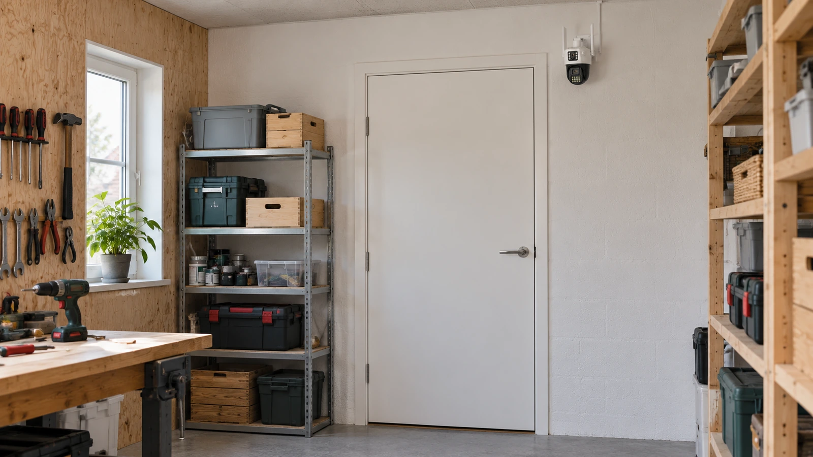 DanGear kamera – værksted og opbevaring DanGear kamera monteret ved døren i et lyst værksted med opbevaringsreoler.