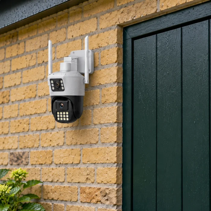 DanGear kamera med dobbelt linse set tættere på ved en grøn dør på en gul murstensfacade efter regn.