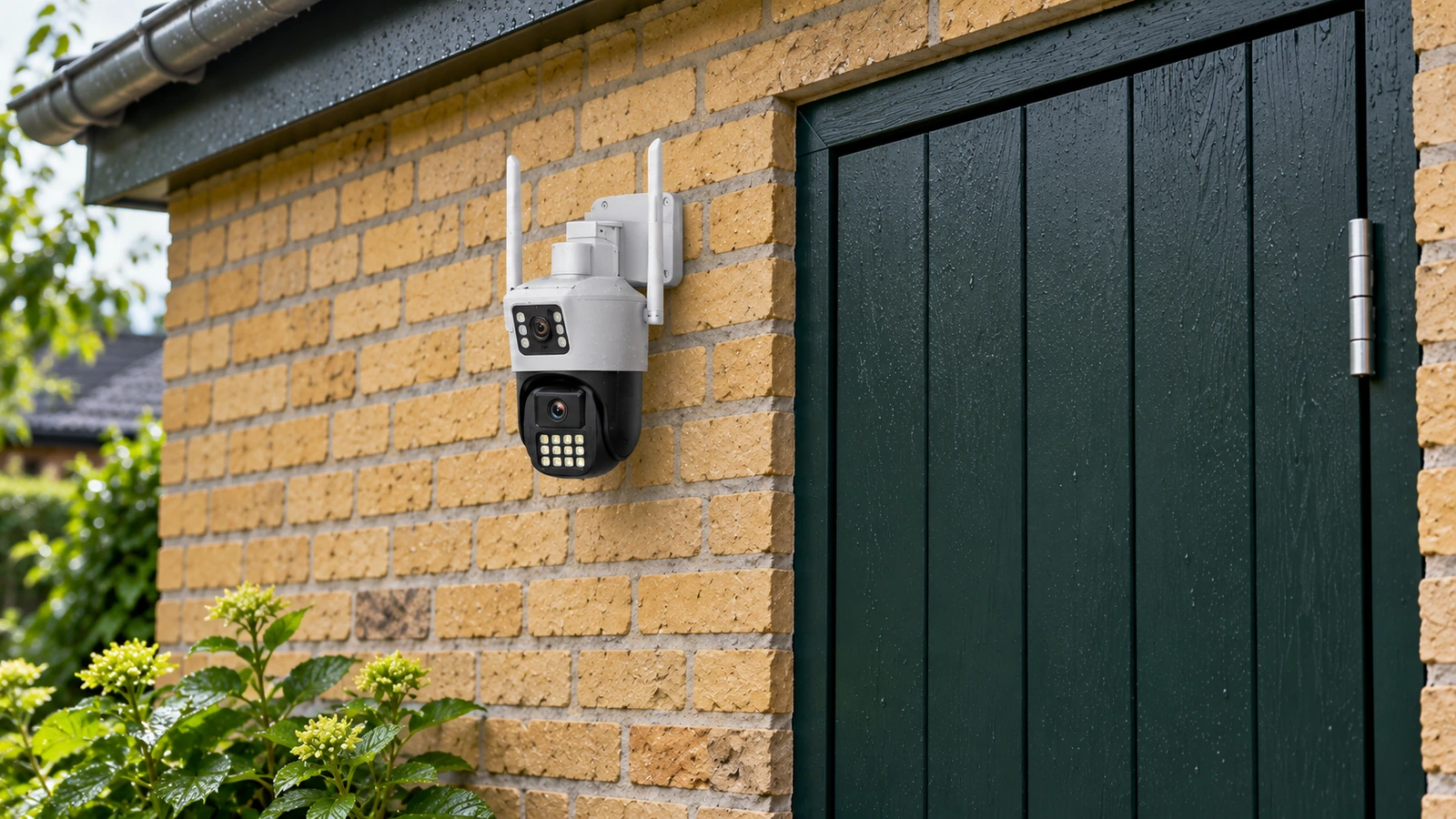 DanGear kamera – udendørs – tættere udsnit DanGear kamera med dobbelt linse set tættere på ved en grøn dør på en gul murstensfacade efter regn.