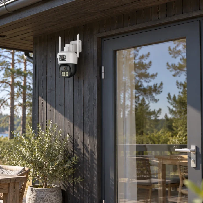 DanGear kamera med dobbelt linse på en mørk træfacade ved sommerhusets terrasse.
