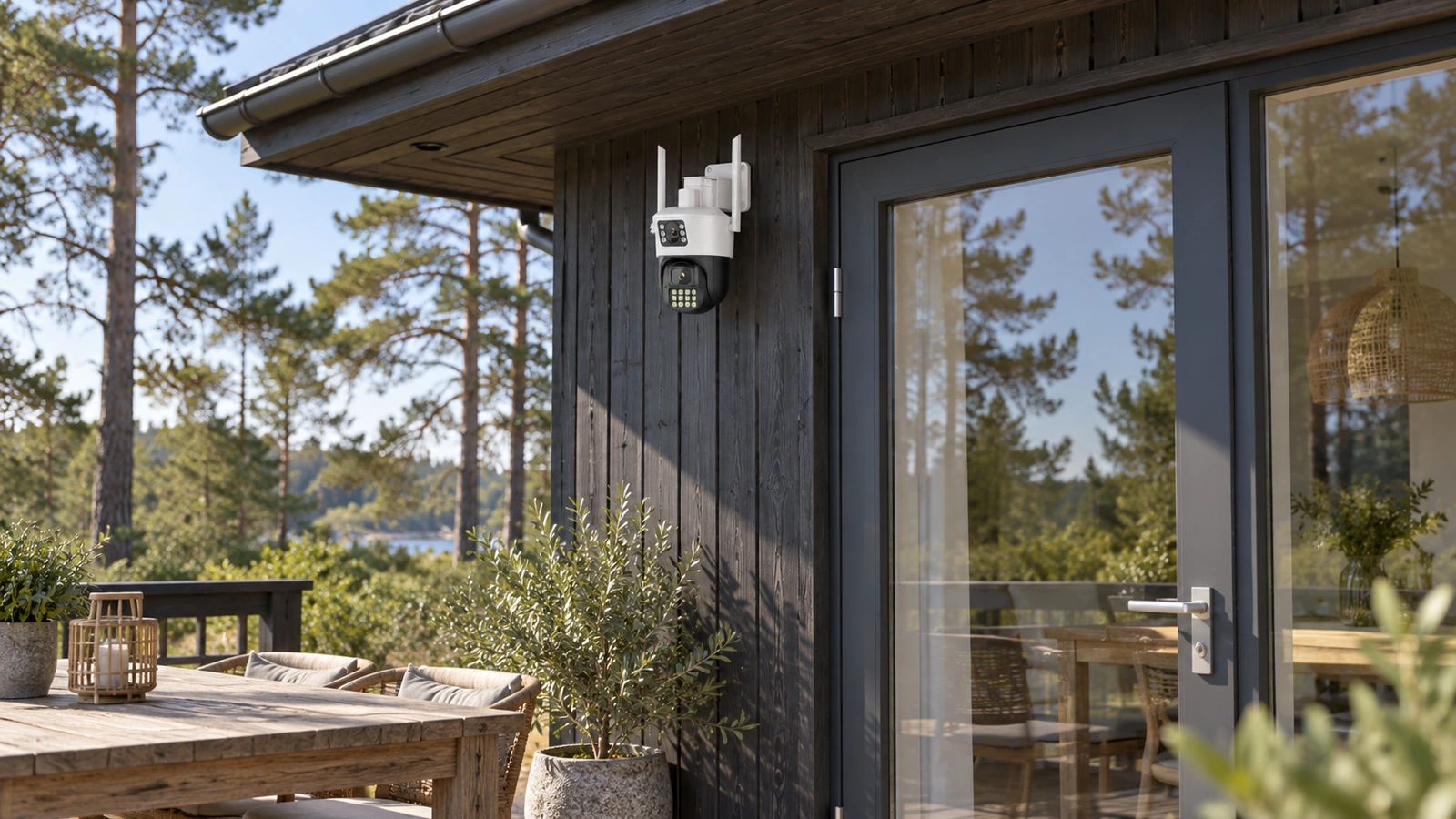 DanGear kamera – sommerhusets terrasse DanGear kamera med dobbelt linse på en mørk træfacade ved sommerhusets terrasse.