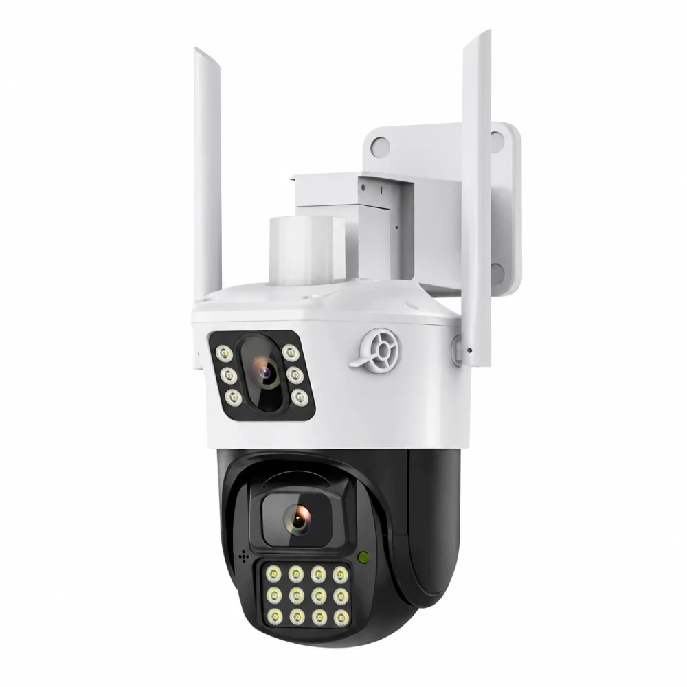 DanGear 6MP WiFi overvågningskamera med dobbelt linse og alarmlys – B01 – galleri 1000 × 1000 DanGear overvågningskamera med dobbelt linse, to antenner og slukket alarmlys set skråt forfra på hvid baggrund.