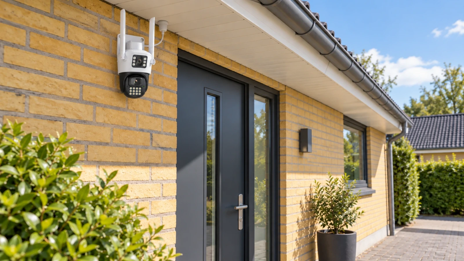 DanGear Q07 B02 – produktbeskrivelse 1600 × 900 DanGear overvågningskamera med dobbelt linse ved hoveddøren på et murstenshus