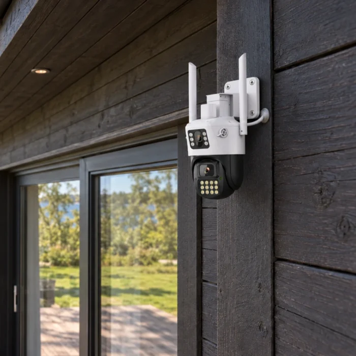 DanGear WiFi-kamera med dobbelt linse på et sommerhus med mørk træfacade