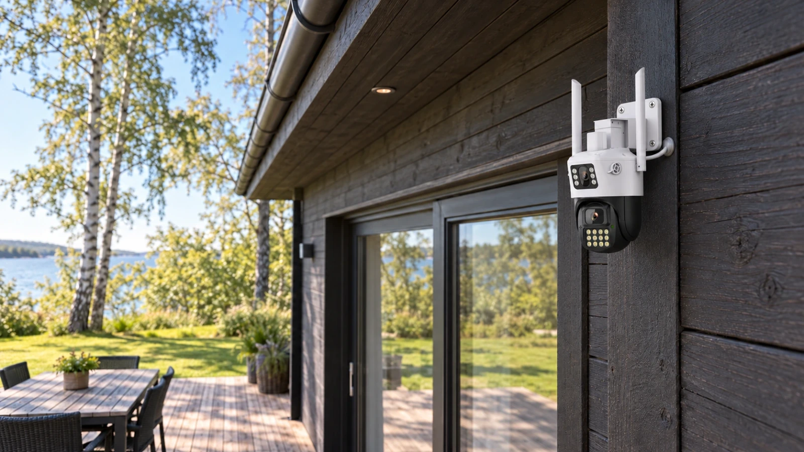DanGear Q07 B04 – produktbeskrivelse 1600 × 900 DanGear WiFi-kamera med dobbelt linse på et sommerhus med mørk træfacade