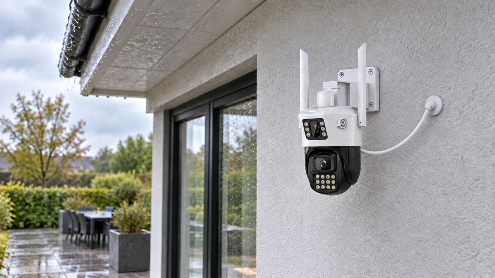 DanGear Q07 B07 – produktbeskrivelse 1600 × 900 DanGear udendørs kamera på lys facade med synlig kabelføring