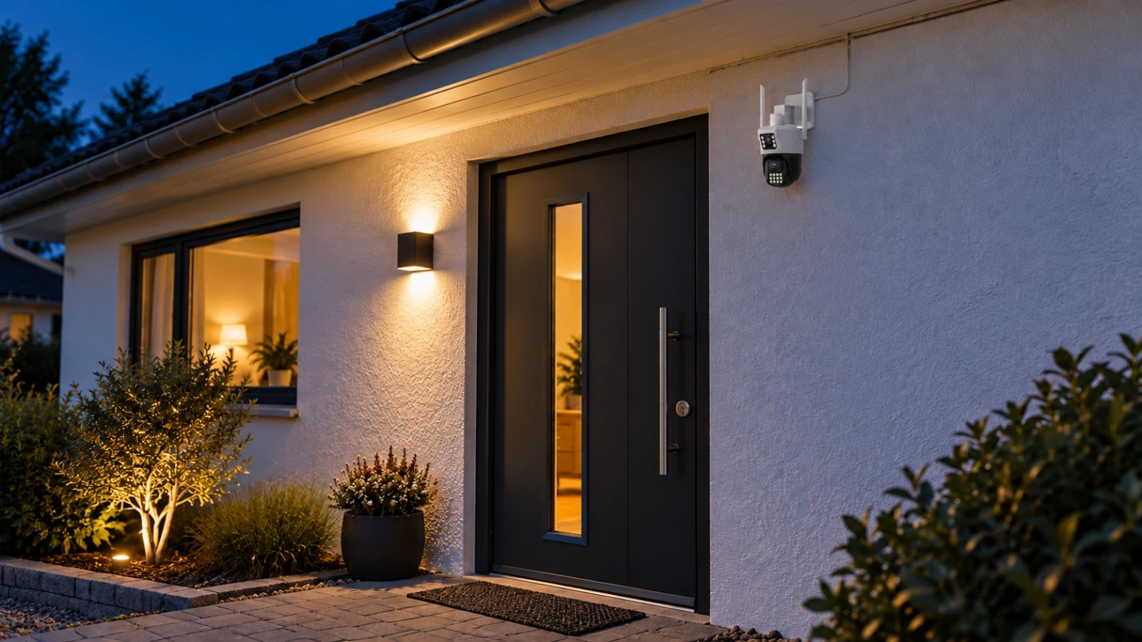 DanGear Q07 B08 – produktbeskrivelse 1600 × 900 DanGear WiFi-overvågningskamera ved en oplyst indgang i skumringen