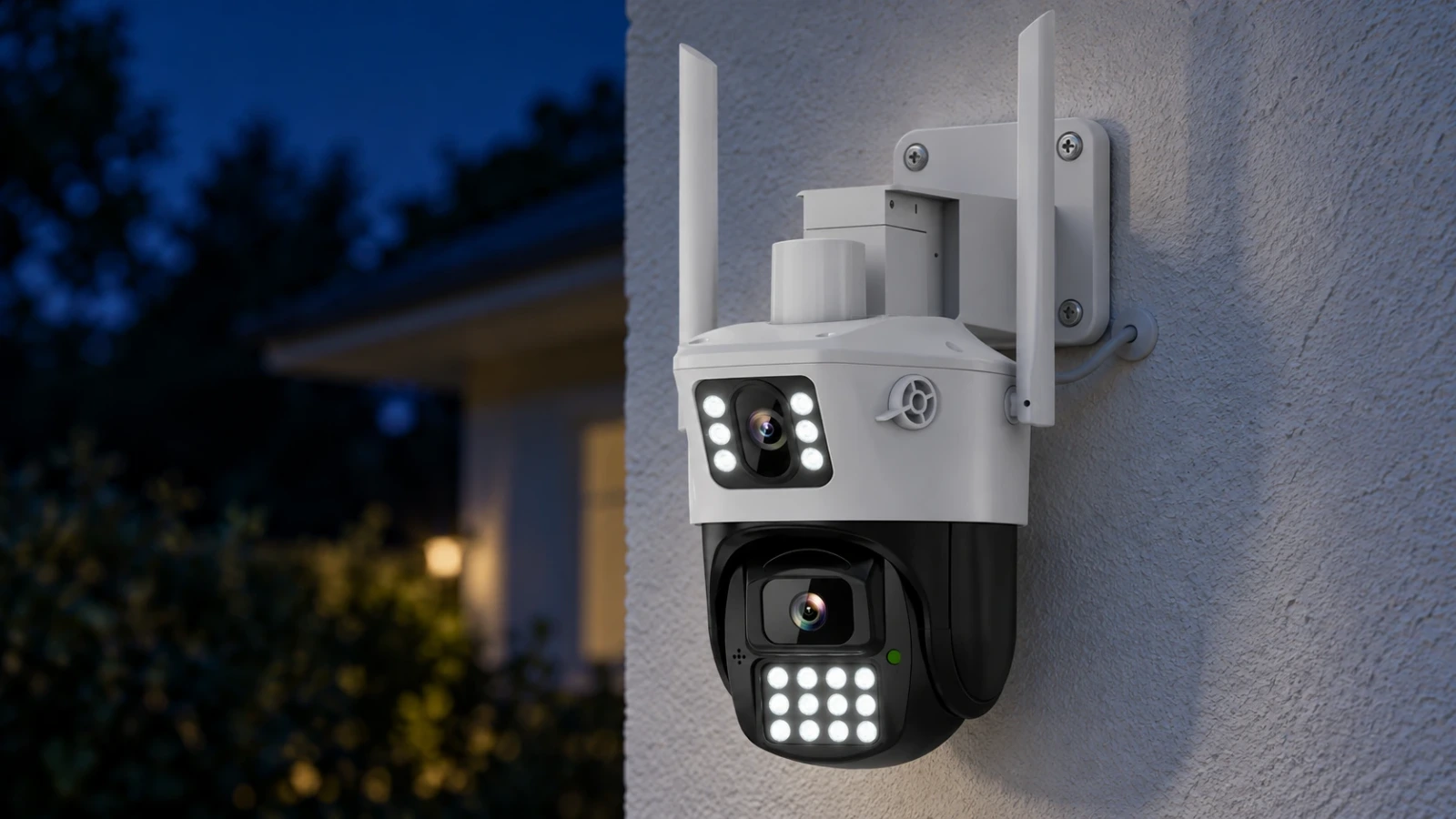 DanGear Q07 B09 – produktbeskrivelse 1600 × 900 DanGear overvågningskamera med dobbelt linse og hvidt natlys på en facade