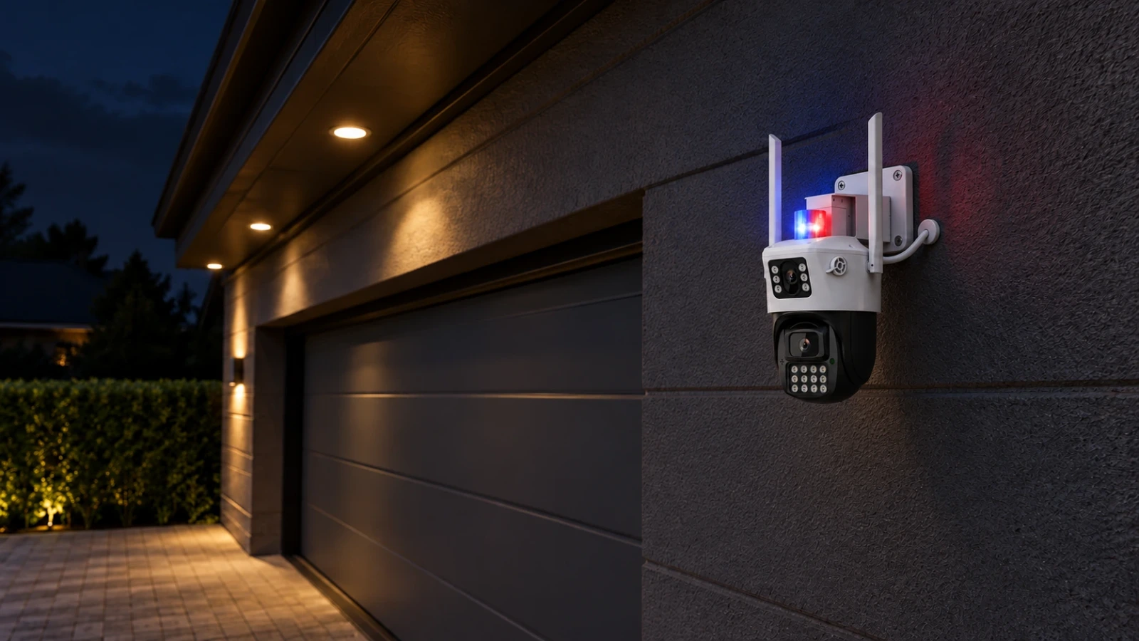 DanGear Q07 B10 – produktbeskrivelse 1600 × 900 DanGear kamera ved garage om natten med rødt og blåt alarmlys