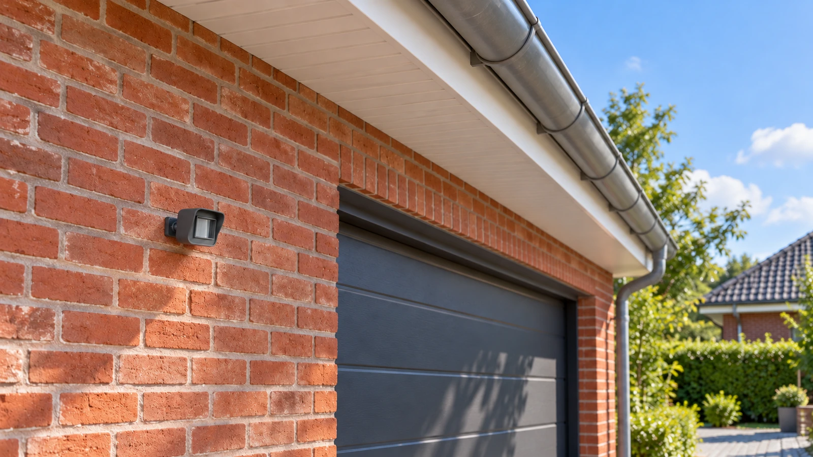 Udendørs WiFi bevægelsessensor med lang rækkevidde – Indkørsel og garage (16:9) Udendørs WiFi bevægelsessensor med lang rækkevidde – Få besked ved indkørslen (illustration)