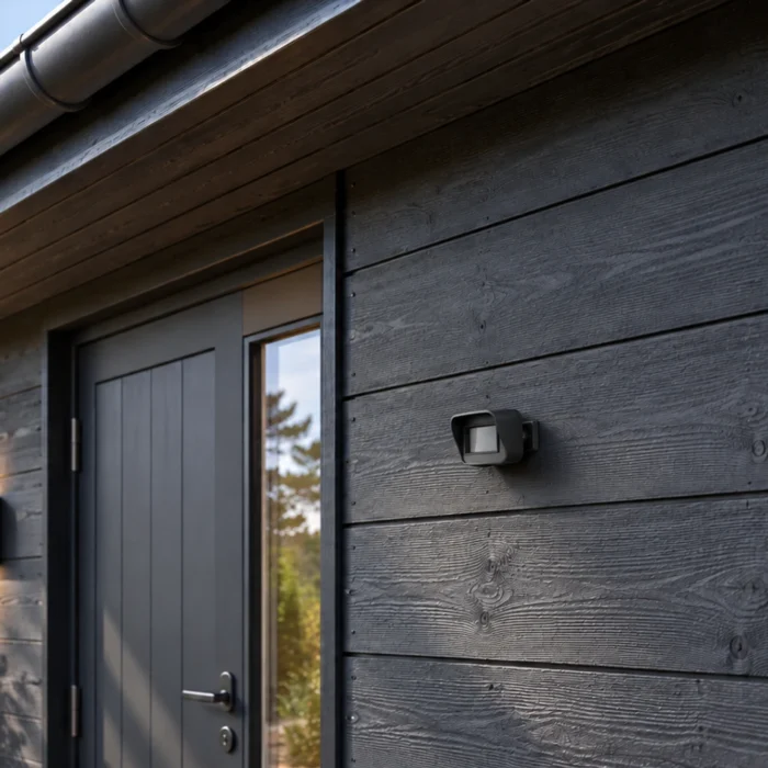 Udendørs WiFi bevægelsessensor med lang rækkevidde – sommerhus, højt monteret under tagudhæng (illustration)