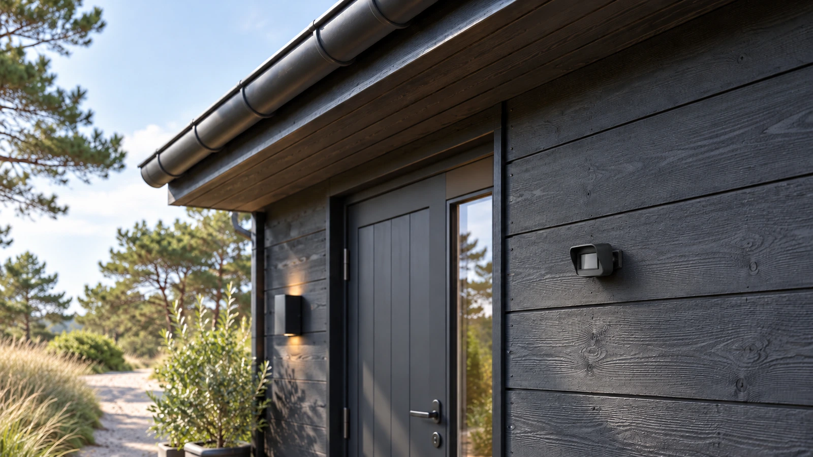 Udendørs WiFi bevægelsessensor med lang rækkevidde – Sommerhus (16:9) Udendørs WiFi bevægelsessensor med lang rækkevidde – Overblik ved sommerhuset (illustration)