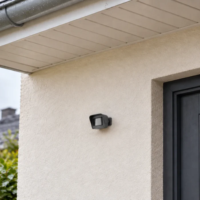 Udendørs WiFi bevægelsessensor med lang rækkevidde – overdækket indgang og montering, højt monteret under tagudhæng (illustration)