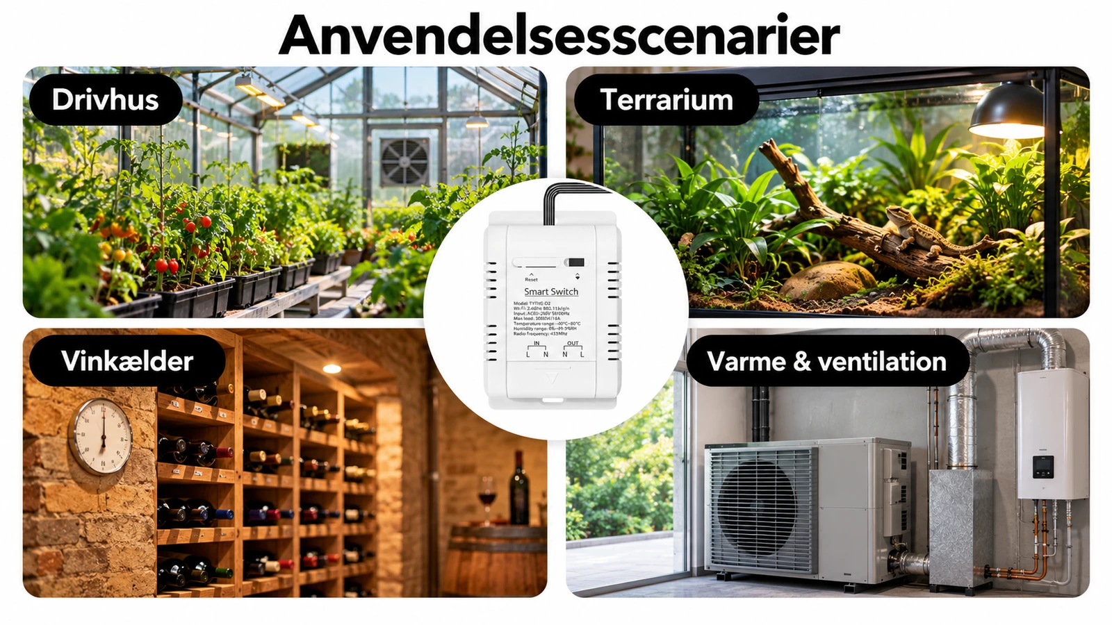 WiFi termostat med temperatur- og fugtstyring – anvendelsesscenarier Oversigt med WiFi termostat med temperatur- og fugtstyring samt eksempler fra drivhus, terrarium, vinkælder og varme og ventilation.