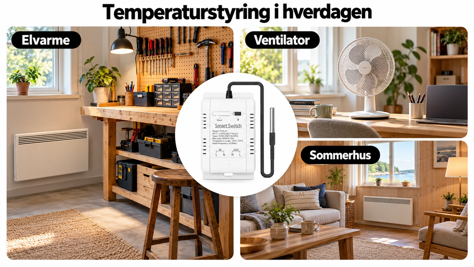 WiFi termostat med vandtæt temperaturføler – temperaturstyring i hverdagen – 16:9 Illustreret oversigt over WiFi termostat med vandtæt temperaturføler til egnet elvarme, ventilator og sommerhus. Termostaten vises separat i en hvid cirkel.