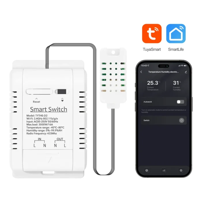 Termostat, temperatur- og fugtføler og producentens faktiske appvisning. Telefonen medfølger ikke.