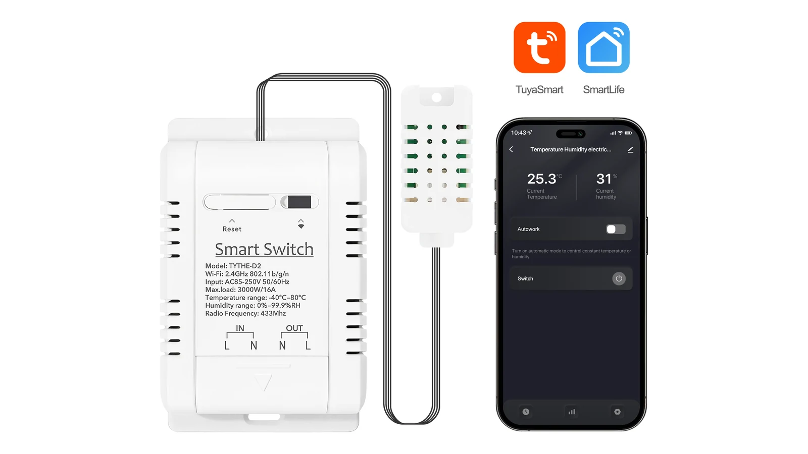 Termostat, temperatur- og fugtføler og producentens faktiske appvisning. Telefonen medfølger ikke.