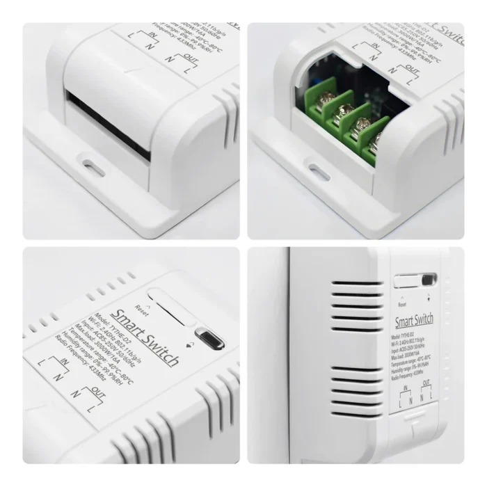 Fire producentfotos af termostatens dæksel, skrueterminaler, knap og kabinet.