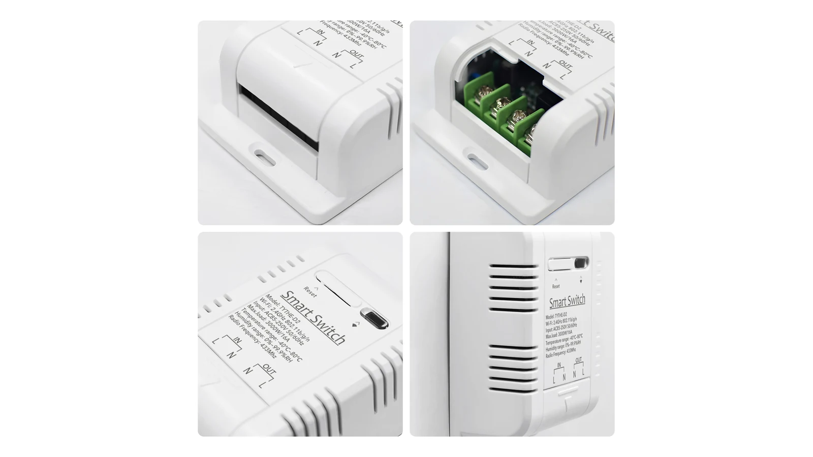 Fire producentfotos af termostatens dæksel, skrueterminaler, knap og kabinet.