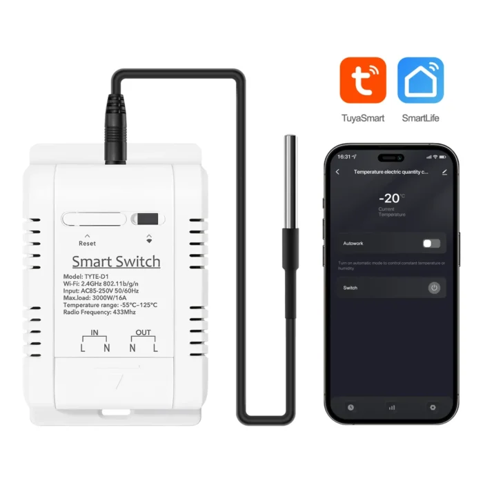 Termostat, metalføler og producentens faktiske appvisning på en telefon. Telefonen medfølger ikke.