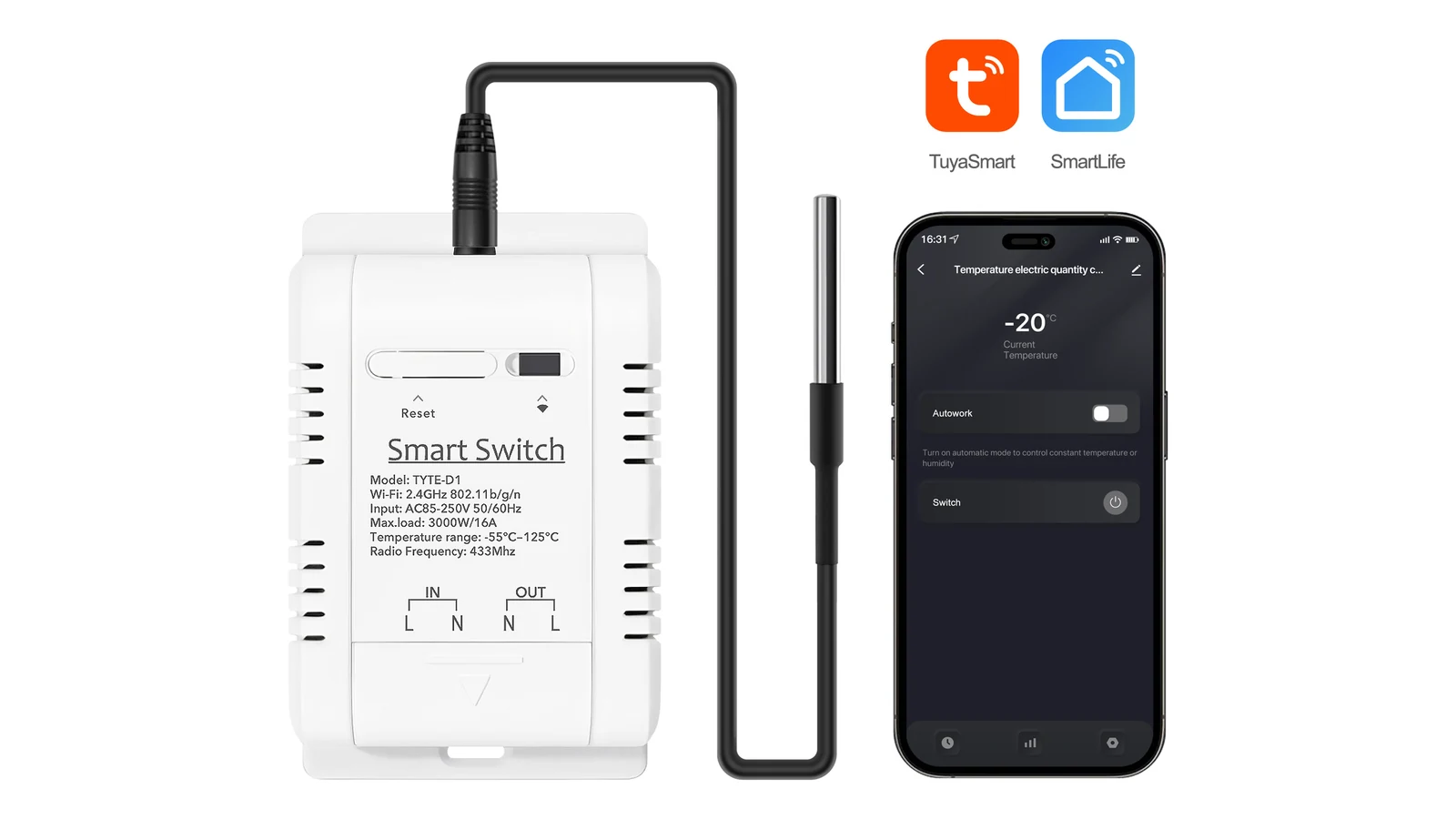 Termostat, metalføler og producentens faktiske appvisning på en telefon. Telefonen medfølger ikke.