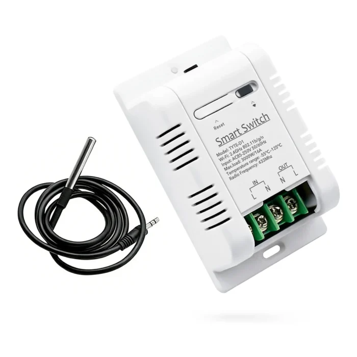 Termostat med tilslutningsklemmer og separat metalføler med oprullet kabel på hvid baggrund.