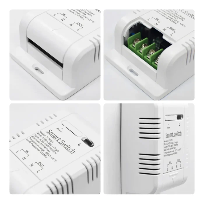 Fire producentfotos af termostatens dæksel, skrueterminaler, knap og kabinet.